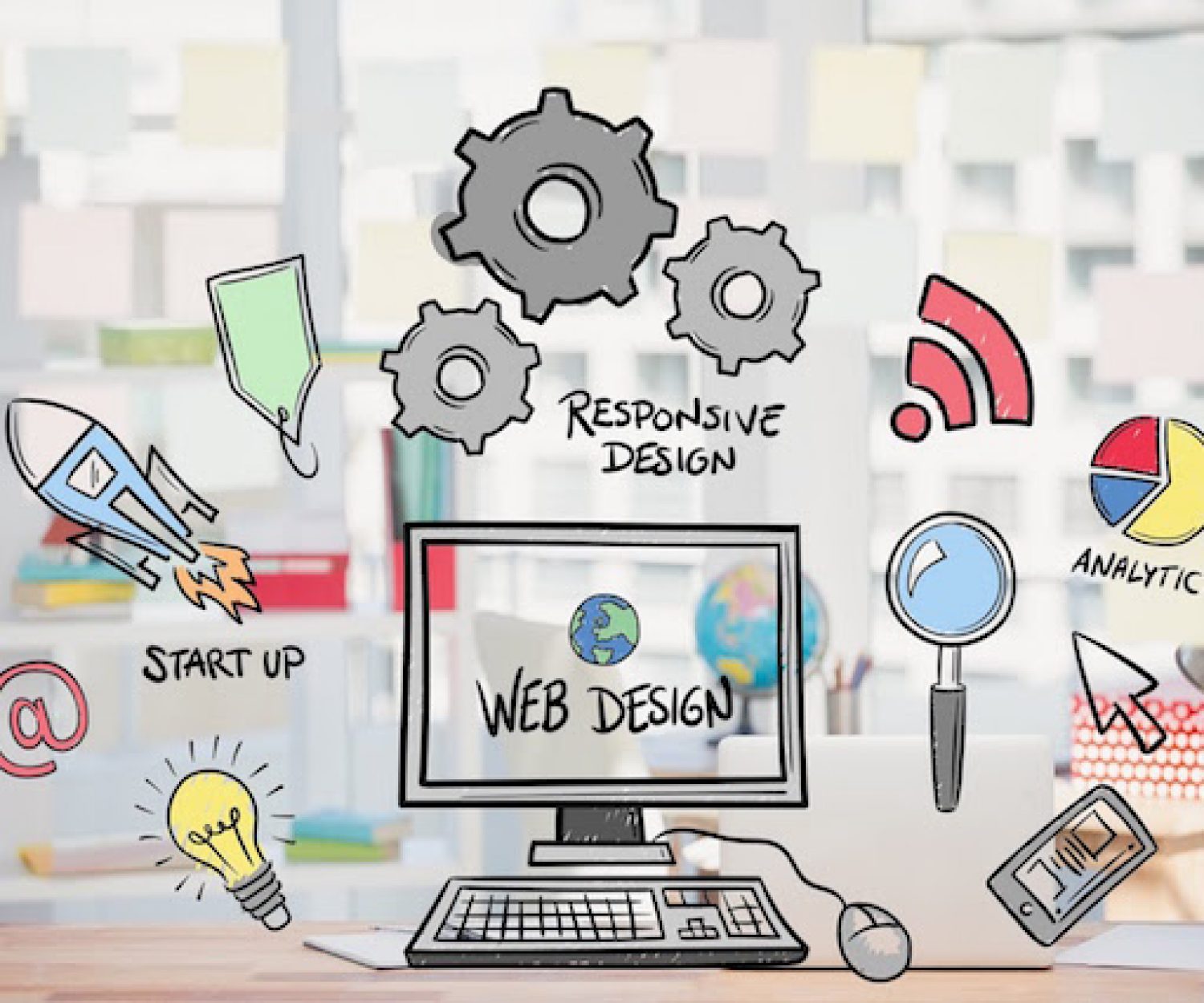 digital composite of business graphics with office background